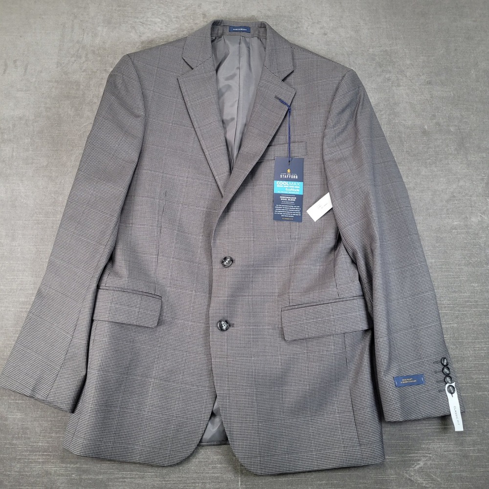Stafford CoolMax EcoMade Mens 40R Gray Houndstooth Wool‎ Blend Blazer Jacket NEW